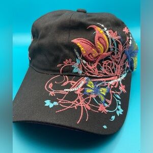 Floral Embroidery Trucker Hat | Black & Pink & Sequins | One Size